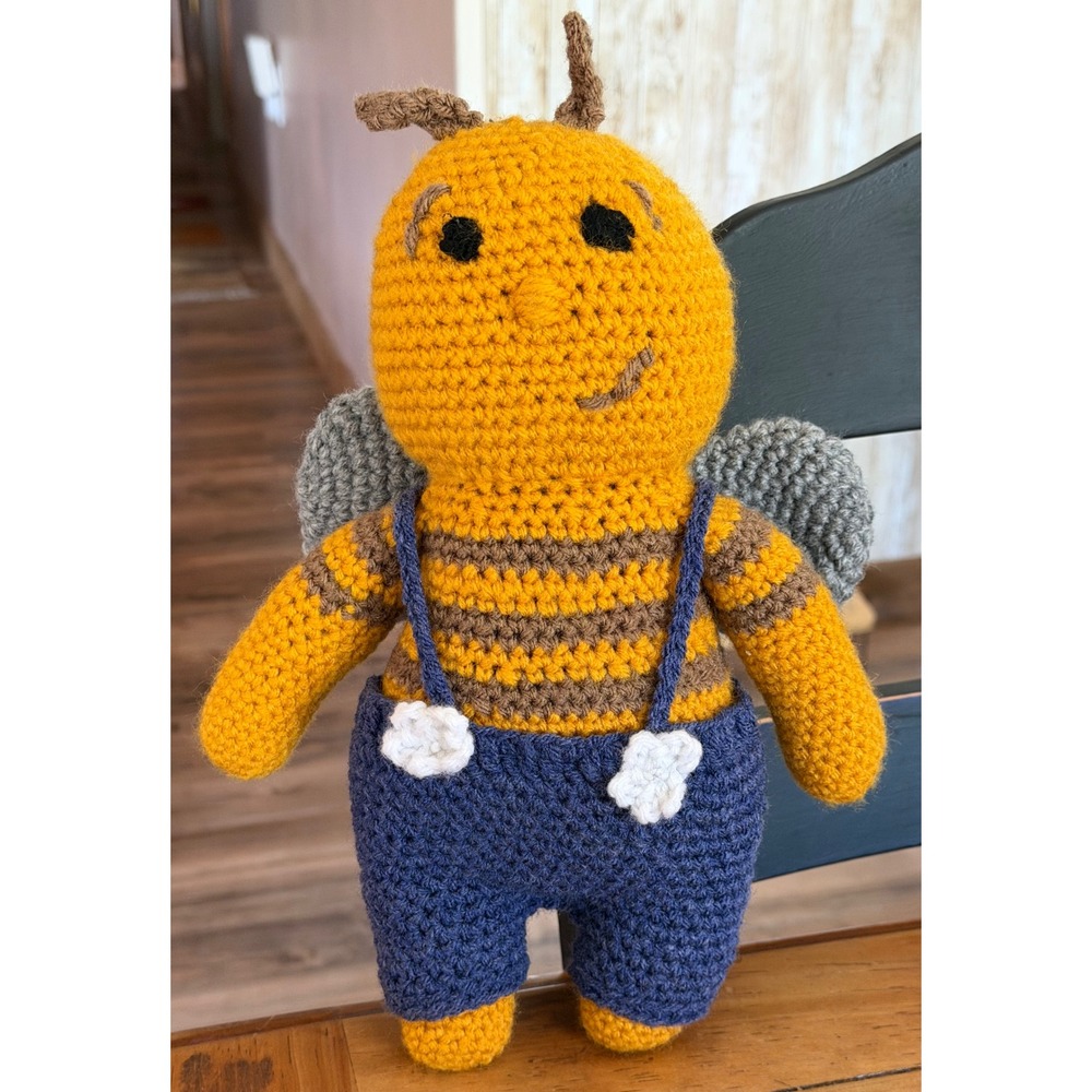 Handmade Crochet Bumble Bee Plush Amigurumi Toy Yellow Blue Overalls 10 Inch